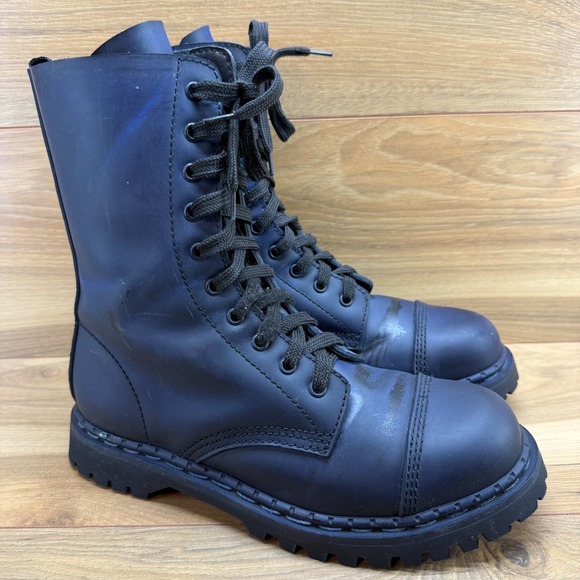 Demonia Combat Boots Mens 9 Blue Leather Cap Toe Hard Toe Lace Up Grunge - Picture 2 of 12